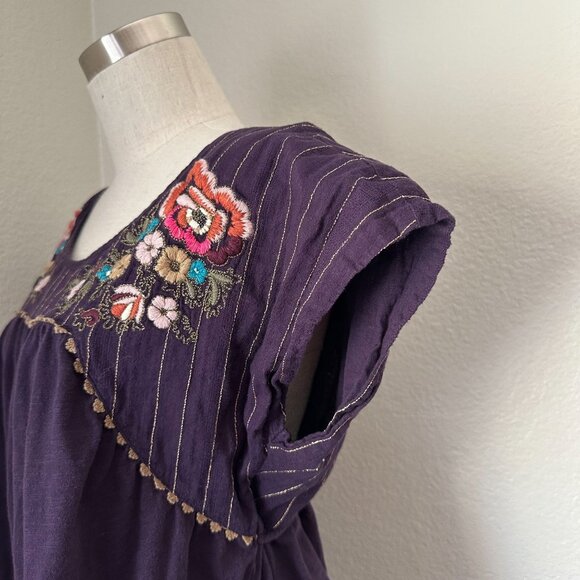 Vintage Anthropologie Scoop Neck Blouse Pintuck Floral Embroidered Cap Sleeve Co - Picture 4 of 9